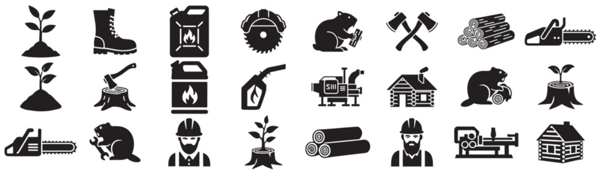 Logging and forestry icon set with lumberjack, chainsaw, axe, saw, timber logs, cabin, fuel can and beaver, vector silhouette collection on transparent background