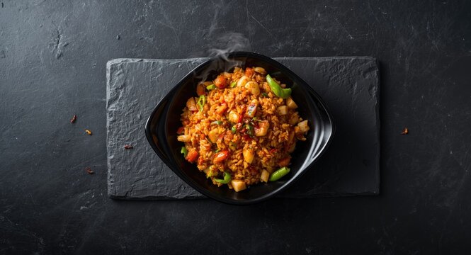 Spicy vegetarian fried rice Schezwan style served in black dish on dark slate slab