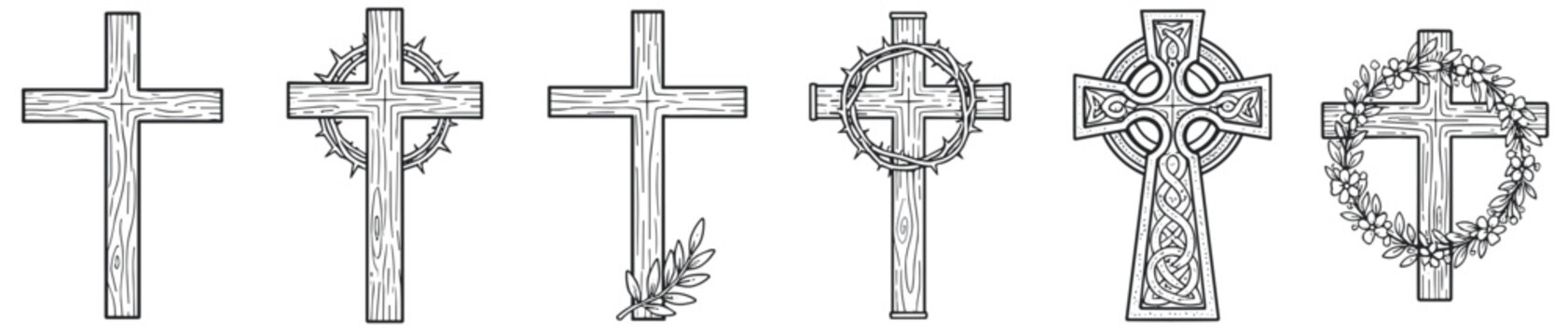 Christian cross collection with wooden crucifix, crown of thorns, celtic cross and wreath ornament, vintage line vector set on transparent background