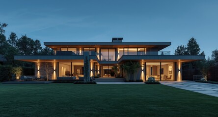 Fototapeta premium Gray luxury house exterior showcasing innovative design and vibrant outdoor area