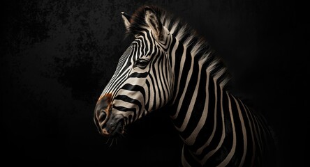 Fototapeta premium Side view of zebras head on a dark grain textured backdrop