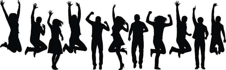 Excited jumping people silhouettes celebrating success, energetic men and women isolated on white background party concept illustration