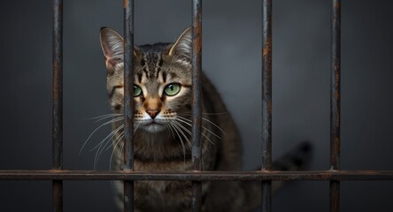 A wary cat behind cage bars locked in and facing the camera