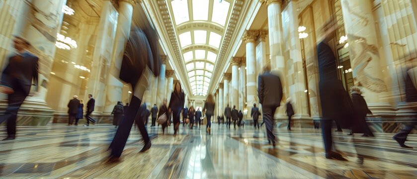 Wide angle shot of people walking through a government building interior, showing daily public movement, institutional architecture and formal administrative environment.