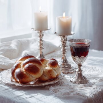 Traditional braided challah bread with silver candlesticks and red wine on white linen table in soft daylight. Concept of jewish sabbath celebration