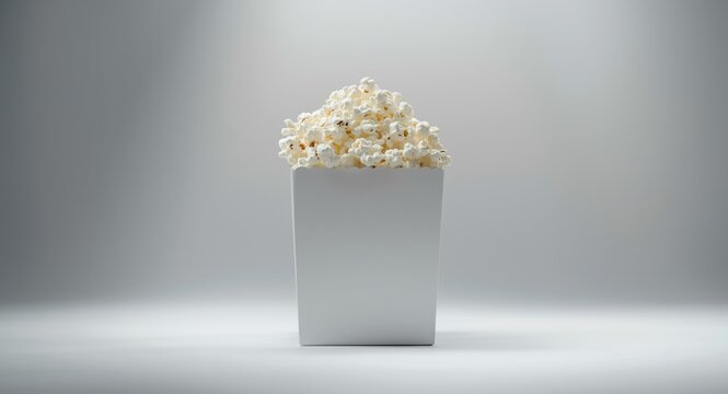 A filled popcorn box on a sterile white studio backdrop