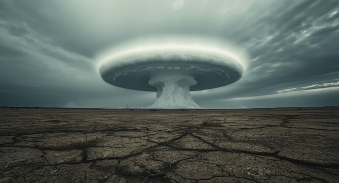 vacant barren field with a dramatic nuclear mushroom cloud