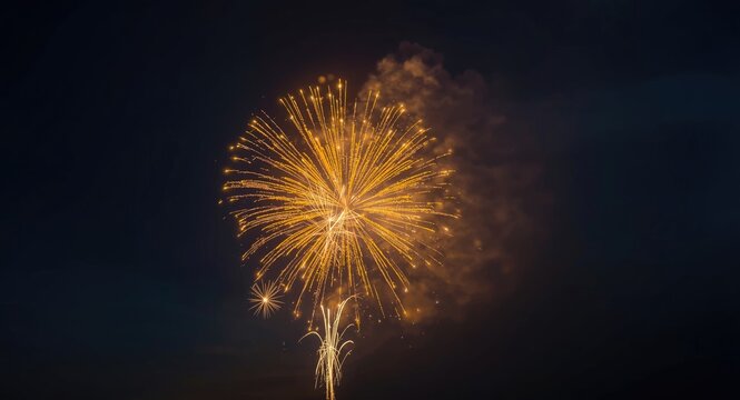 Festive yellow fireworks display accented by two stars and spacious copy space background