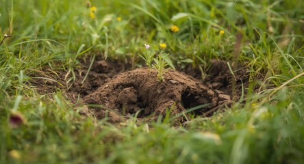 Obraz premium Mole's natural excavation activity producing a small earth mound