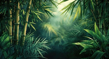 Illustrated tropical leaf watercolor artwork highlighting bamboo and palm species