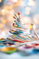 Obraz premium Vibrant paintbrushes in artistic arrangement with bokeh lights and colorful palette