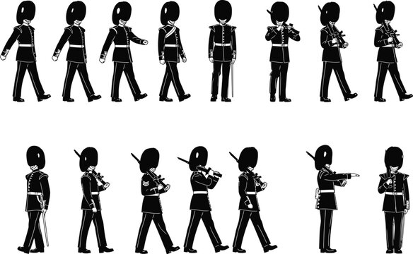 Royal guards in various poses and marching formations, British ceremonial soldiers in silhouette