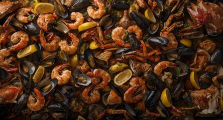 Tasty mixed seafood boil with variety of shellfish plus copy space