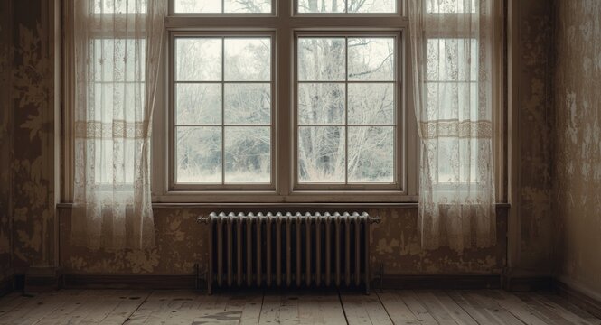 Large window with lace curtains in a dusty old bedroom setting featuring a classic 1920s radiator and plenty of copy space