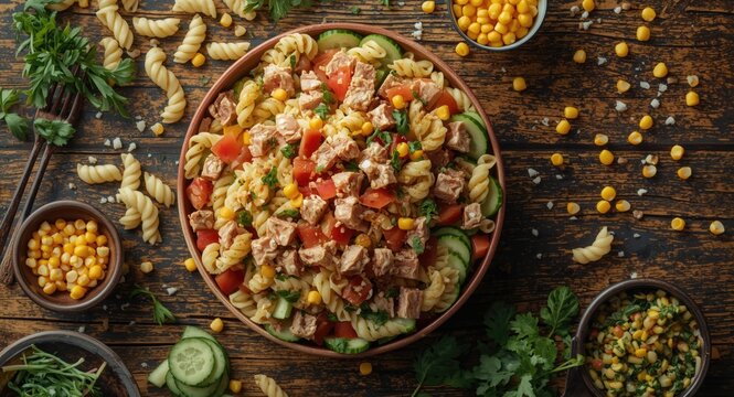 Fresh tuna cucumber sweetcorn pasta salad arranged on wood table for copy space