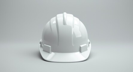 Fototapeta premium Spotless white hard hat front view isolated on a soft gray background perfect for safety themes