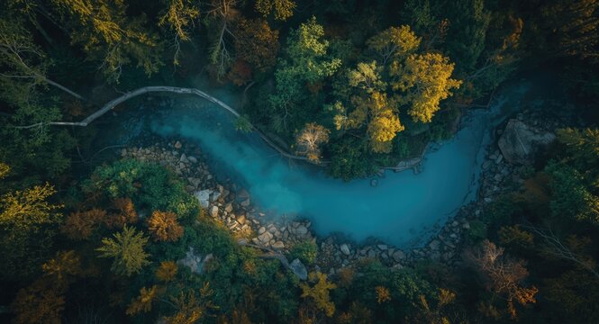 Overhead capture of lush woodland with winding river and bright blue pond