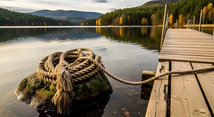 Fototapeta premium Serene Lake Scene with Wooden Dock and Rope on Mossy Rock