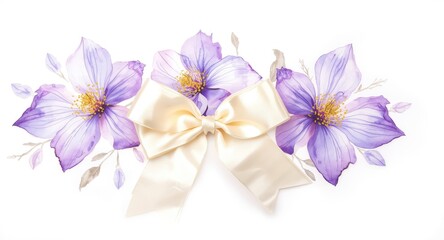 Obraz premium Watercolor floral arrangement featuring purple flowers with a decorative bow on white background