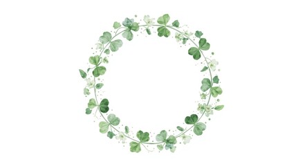 Watercolor design of a circular clover wreath enhanced with dotted details