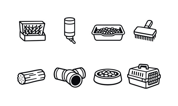 Home rabbit care items: hay feeder, water bottle, litter tray, grooming brush, chew block, tunnel toy, food bowl, carrier box