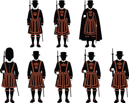 Iconic Yeoman Warder Figures in Traditional Uniforms with Varying Headwear and Capes