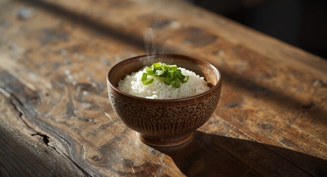 Traditional Japanese gomoku rice and scallions served in artistically designed bowl on wood
