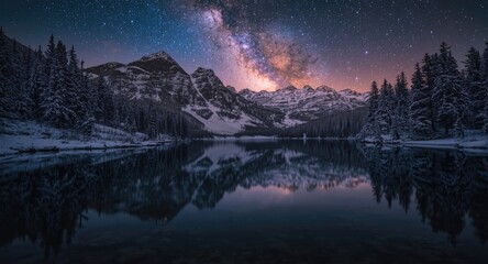 Mountain lake setting at night with snow and vibrant Milky Way reflections