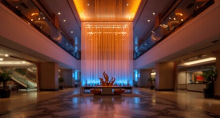 Stylish hotel atrium illuminated by glowing orange gradient clouds and cool blue light blur for background