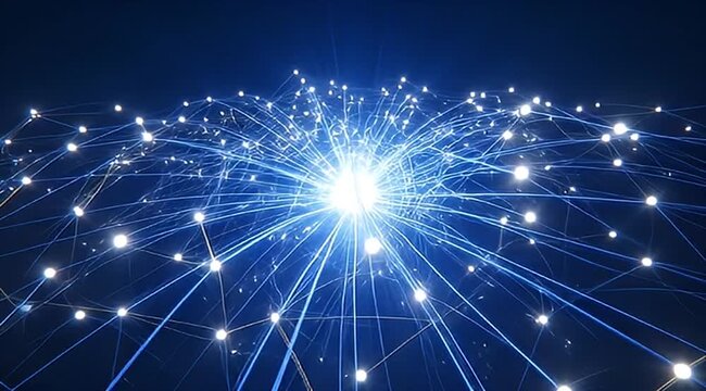 Abstract blue network with bright central point representing connection and communication