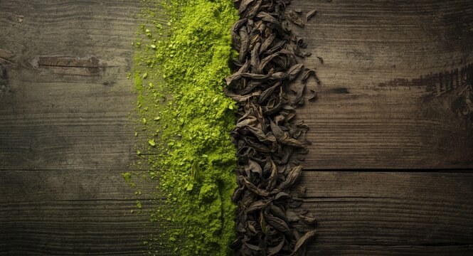 vibrant green tea powder and dried tea leaves side by side on weathered wooden board with copy space