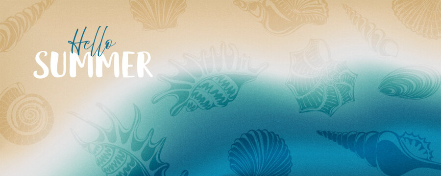 Hello Summer horizontal background with cute beach seashells  elements. Modern art minimalist style design template for sales, horizontal poster, header, cover, social media, fashion ads