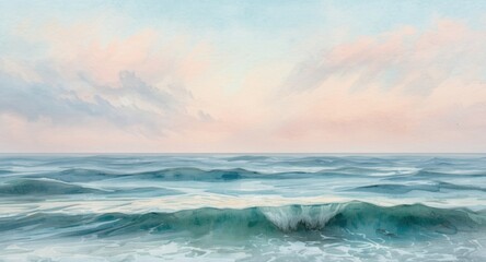 Fototapeta premium Tranquil watercolor painting of calm ocean waves beneath a pastel sky