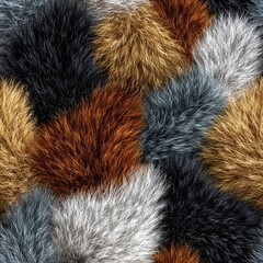 A vibrant mix of fluffy fur patches in warm and cool tones, featuring brown, grey, gold, and white shades, perfect for textile or design inspiration.