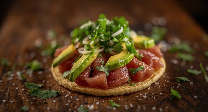 Flavor-packed tuna tostada topped with smooth avocado and fresh onion cilantro