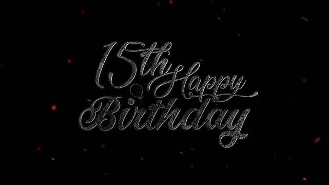 15th happy birthday, Elegant first place award written in cursive with confetti sparkles and small decorative ball