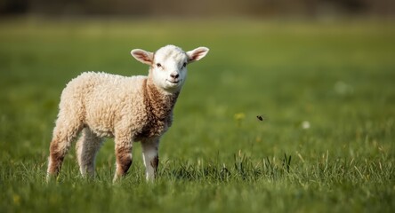 Obraz premium Cheerful lamb standing tall in spring grass focusing on a buzzing insect with an uncluttered background and copy space