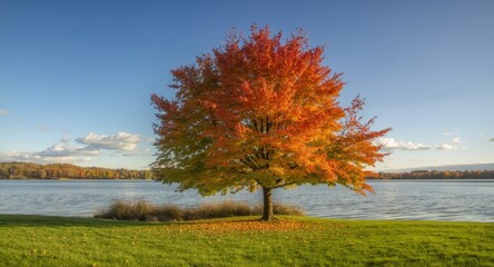 Peaceful lakeside setting highlighting a colorful maple tree in autumn brilliance