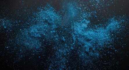 Fototapeta premium Black textured backdrop featuring frozen blue powder bursts with glitter details