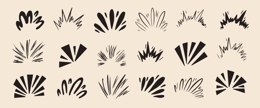 Ink drawn star sparkles with comic twinkle rays and burst effects. Hand-drawn graphic elements add playful energy, perfect for manga illustrations and dynamic design. Vector firework set isolated.