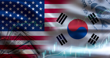 Concept of the relationship between the United States and South Korea. United States and South Korean flags with market graphics