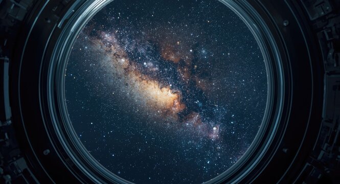 Space station observation window revealing colorful universe phenomena