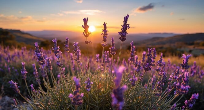 Radiant lavender plants thriving in a warm summer environment during sunset