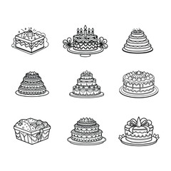 A set of different designs cake isolated on a white background
