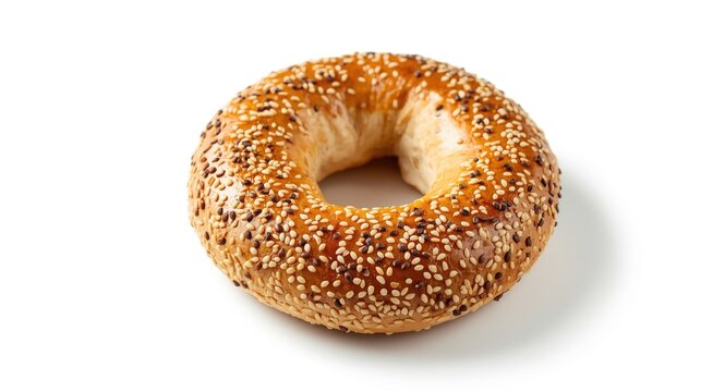 Sesame seed encrusted Kandil simidi bagel photographed on white background
