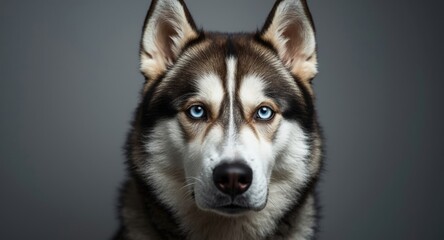 Obraz premium Detailed photograph of a serious husky dog with blue eyes in studio lighting
