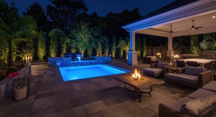 Obraz premium High end outdoor setting at night with an illuminated blue LED pool, bright garden atmosphere, and cozy poolside lounge essentials