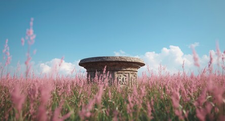 Rendered 3D image of a stone pedestal surrounded by tall pink grass