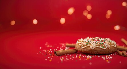 Naklejka premium Red vibrant background with gingerbread cookie and cinnamon sticks plus holiday copy space