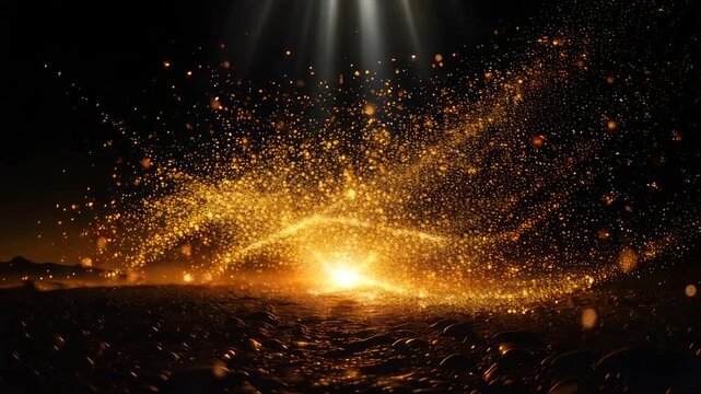 Bright golden explosion bursts forth from a dark textured foreground against a black backdrop